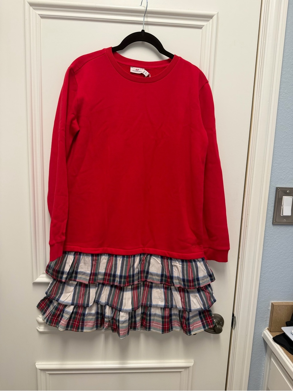 NWT Vineyard Vines Red Long-Sleeve Dress with Plaid Ruffle Hem